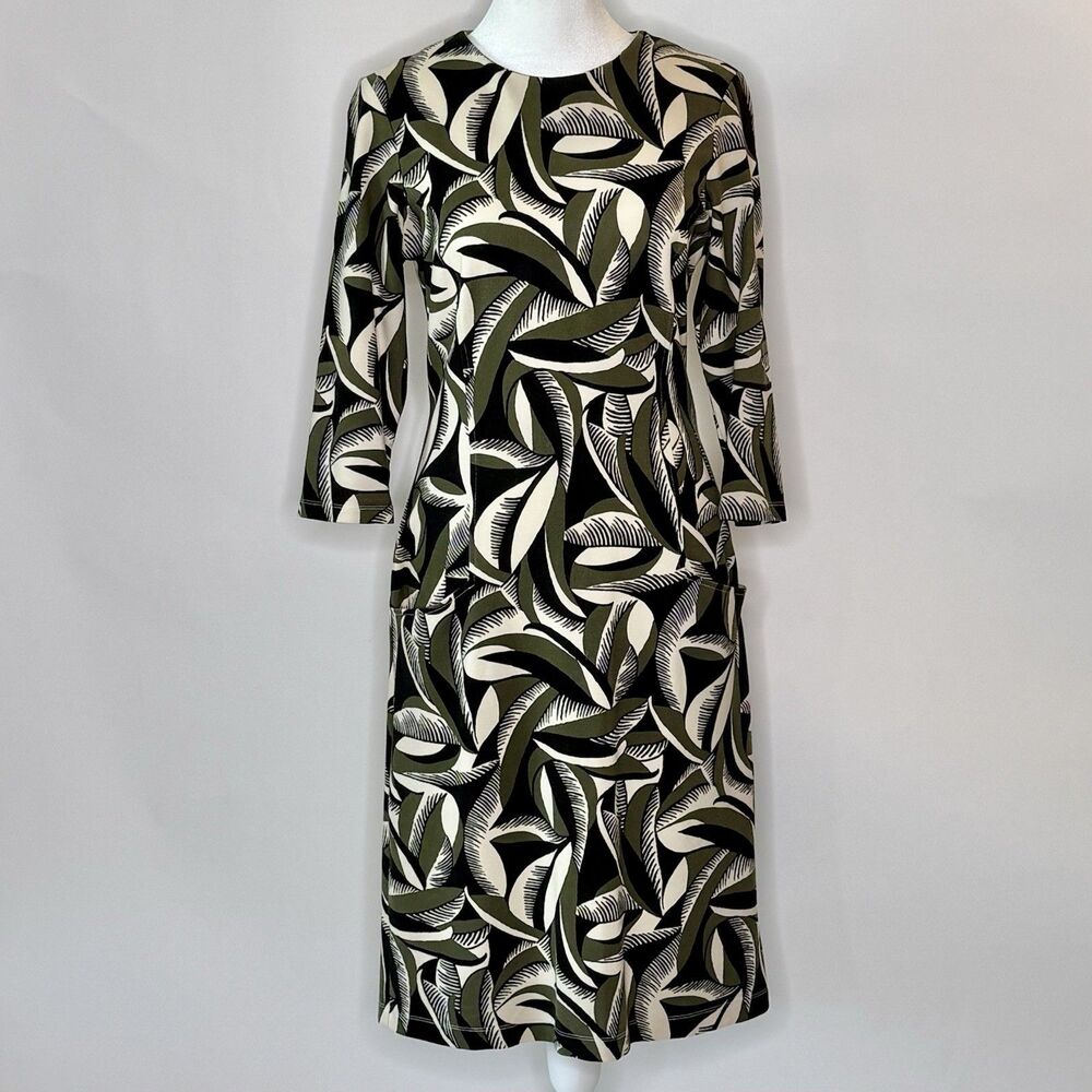 J McLAUGHLIN Midi Fitted Knit Dress Womens S Olive Green Black Leaves Classic